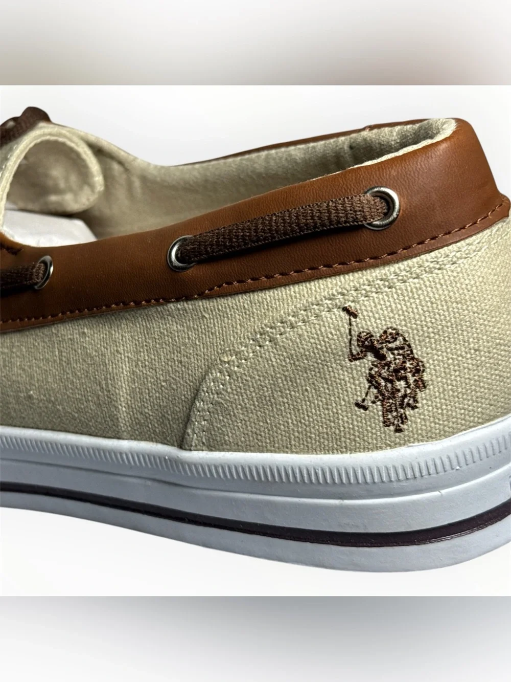 Men’s 12 Casual Boat Shoes Sneakers Cream Canvas Brown Trim NWOT U.S. Polo Assn.